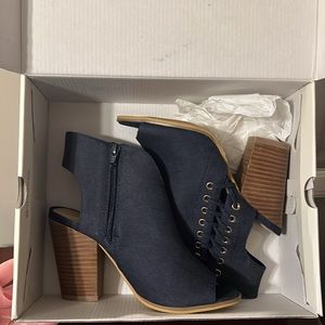 Blue Zip up Peep Toe Block heel booties with lacing on outside